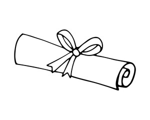 Hand drawn rolled love letter with ribbon bow isolated on white background