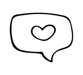 Hand drawn love notification speech bubble with heart in minimal sketch line style