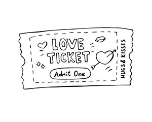 Hand drawn love ticket with hearts and admit one text isolated on white background