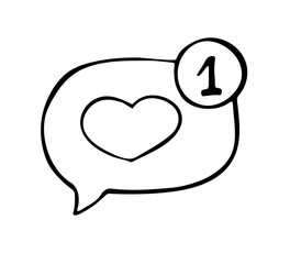 Hand drawn love notification speech bubble with heart and message number in minimal line style