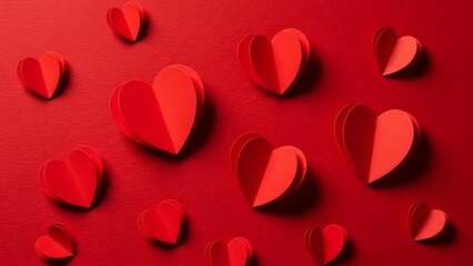 Red paper hearts scattered on vibrant red background for Valentine's Day