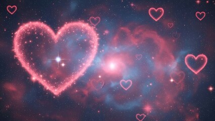 Magical pink heart surrounded by smaller hearts in starry night sky