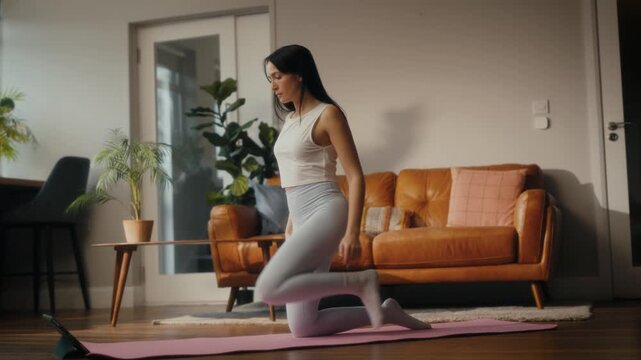 woman practising yoga in a cosy living room setting. She is in a lunging pose on a yoga mat, with a tablet in front of her displaying a workout or meditation session. 