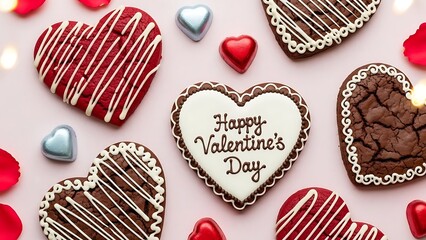 Delicious Valentine's Day cookies and chocolates on pink background