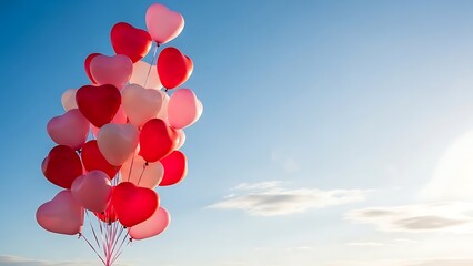 Vibrant heart shaped balloons floating in clear blue sky with soft clouds