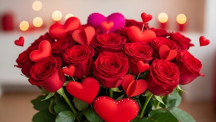 Romantic bouquet of red roses with heart decorations for Valentine's Day