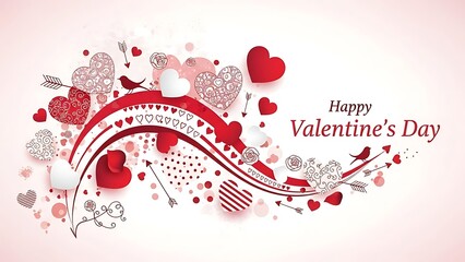 Happy Valentine's Day celebration with red and white hearts and rainbow