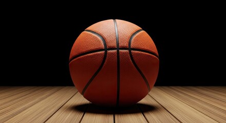Obraz premium Basketball on the Court: An iconic orange basketball, positioned in the center, takes center stage on a well-worn hardwood court, the lines of the ball's design providing texture and visual interest.