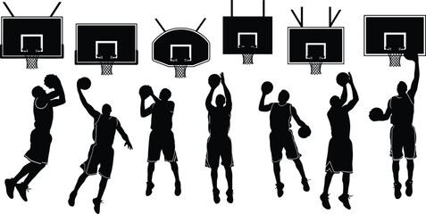 Basketball player silhouette action set, professional dunk shooting poses, dynamic sports movement, athletic performance, black vector illustration collection, design pack © Ashadujjaman