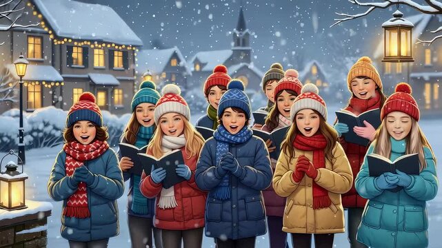 Group of happy children caroling in warm winter clothes with open songbooks as snow falls in a decorated village.