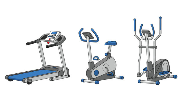 Collection of outline style gym equipment, including a treadmill, exercise bike, and elliptical trainer, essential for cardiovascular and strength training workouts.
