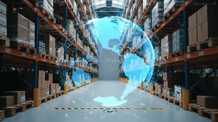 Digital cgi overlay shows a glowing blue holographic globe symbolizing global logistics and modern supply chain management within a vast industrial warehouse aisle. - Powered by Adobe