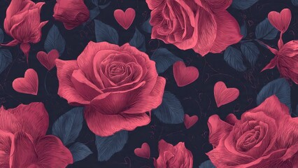 Dark romantic seamless pattern of engraved pink roses and hearts on a black background, vintage floral wallpaper design for Valentine's Day and luxury textile.