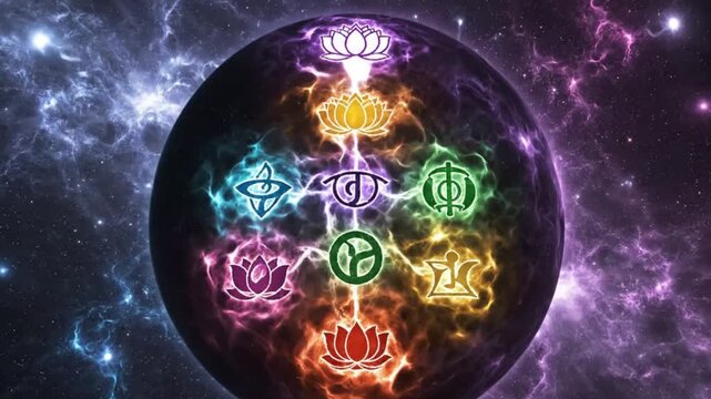Spiritual chakra symbols animation with glowing energy. A sacred grid of lotus flowers connecting in a cosmic nebula. Yoga and meditation background