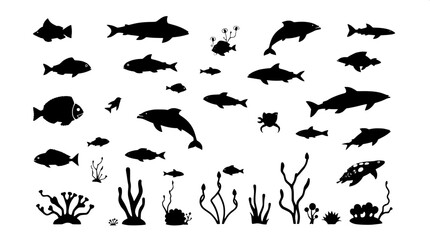 Minimalist ocean life silhouette icons in black flat vector style, featuring various marine animals such as fish, dolphins, and turtles, alongside underwater plants like coral and seaweed, all with cl