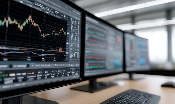 Financial analytics shown on multiple screens in a bright office setting. - Powered by Adobe