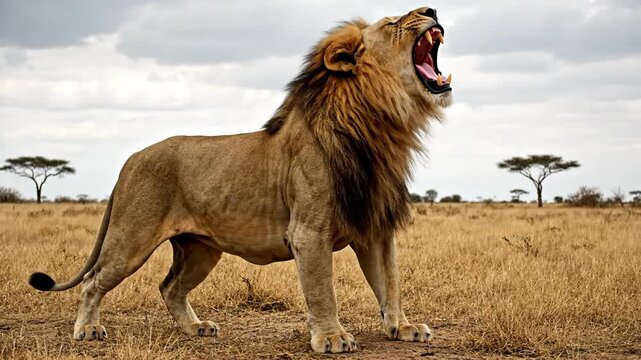 Captured in dramatic wildlife photography, a dominant male lion is fiercely roaring, showing his teeth in a full-body shot against the earthy tones of the dry african savanna.