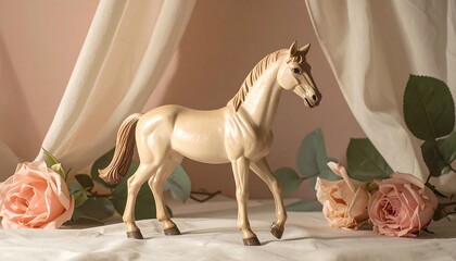 Pale toy horse with roses and draped fabric