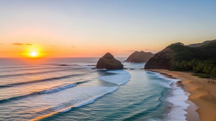 Serene tropical beach at sunset with waves and rocky outcrops