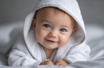 a cute asian baby is lying on the bed, covered with a white hooded towel and smiling happily at the camera