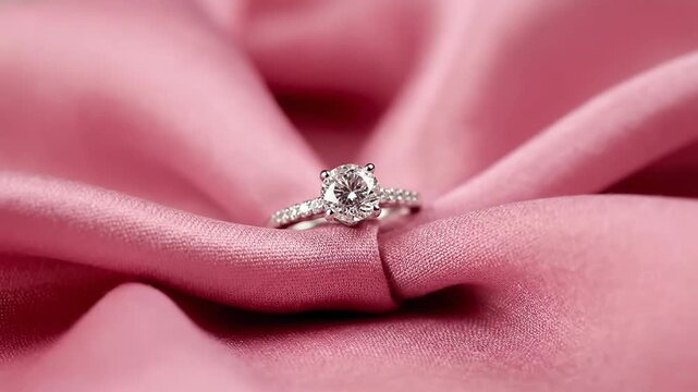 This elegant, close-up studio shot highlights a brilliant diamond solitaire engagement ring resting on luxurious, flowing pink satin.