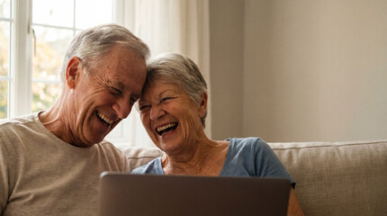 Senior couple laughing watching digital content together