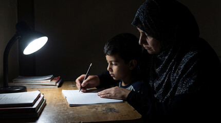Mother assisting young son learning under desk lamp light