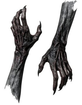 Two pale, decaying hands with long, sharp claws reach out, rendered in a realistic, textured style against a white backdrop