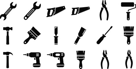 Obraz premium Construction tool silhouettes vector set, black icons of hammers, wrenches, saws, drills, and painting equipment, isolated on white background for home repair