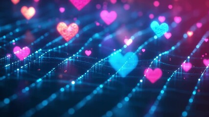 Floating hearts glowing over a digital grid in motion with blue and pink hues - Powered by Adobe