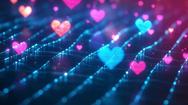 Floating hearts glowing over a digital grid in motion with blue and pink hues
