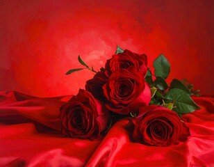 A bouquet of vibrant red blooms rests on a luxurious, draped crimson fabric, against a smoky, matching backdrop