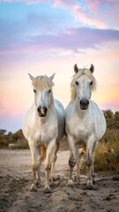 Obraz premium Two pale equines stand on a sandy path, their white coats contrasting the pastel sky. Their heads are centered, facing the viewer
