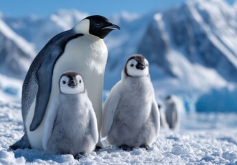 an emperor penguin with two baby emperor penguins, all standing on the snow-covered ground