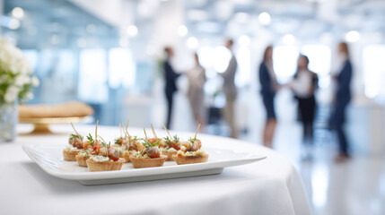 Elegant canapes served at a corporate event with blurred guests in the background. Delicate bite-sized appetizers arranged on a white platter, perfect for catering and business gatherings