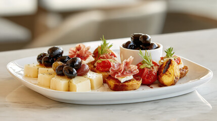 Gourmet appetizer platter with cheese, olives, prosciutto, tomatoes. Sophisticated assortment of bite-sized appetizers featuring creamy cheese cubes, briny olives, savory prosciutto, cherry tomatoes