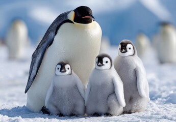 an emperor penguin with two baby emperor penguins, all standing on the snow-covered ground