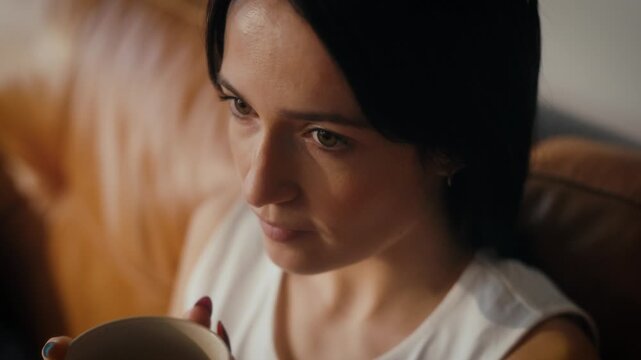 woman sipping tea or coffee in a cosy living room setting. Warm lighting.