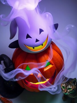 Smiling ectoplasm floats above a grinning jack-o'-lantern, flanked by a starry witch hat and a feline with emerald gaze,  clean,  playful