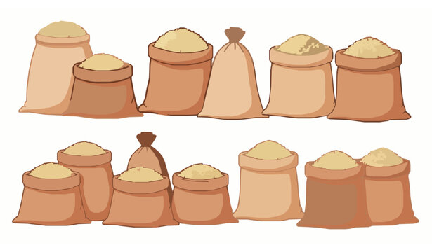 Rice sack agricultural vector set with cartoon grain bags isolated on white background