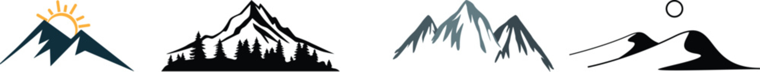 Mountain icon logo vector illustration for adventure outdoor sport graphic design. Black stone and landscape drawing, different shape of peak logo mountain icon silhouettes. Evergreen forest black