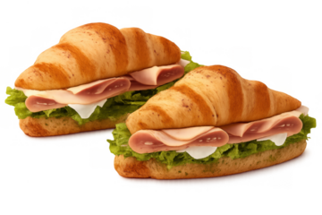 Croissant sandwiches with ham, cheese, and lettuce, a fresh and appetizing snack, lunch or breakfast meal