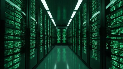 A symmetrical, futuristic 3d render captures massive server racks processing digital data in the intense green corridor of a high-tech server room. - Powered by Adobe