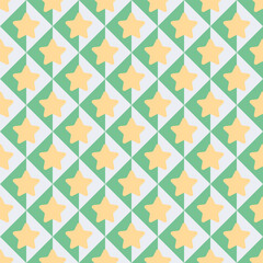 Vector seamless geometric pattern with green and white diamonds and yellow cartoon stars