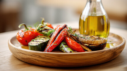 Delicious grilled vegetables served on wooden plate with olive oil, shot of healthy flavorful assortment of grilled vegetables, including zucchini, eggplant, tomatoes peppers glistening with olive oil