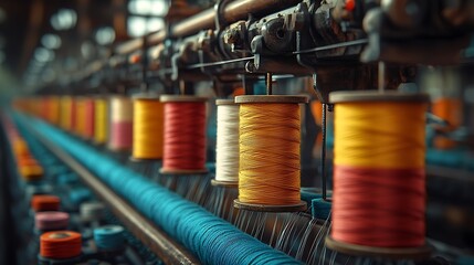 Colorful thread spools in factory.
