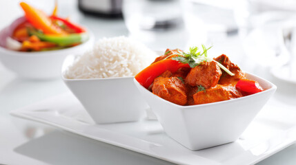 Delicious Indian chicken tikka masala served with fluffy white rice vegetables. Shot of flavorful chicken tikka masala dish, accompanied by steamed rice side of mixed vegetables, presented elegantly