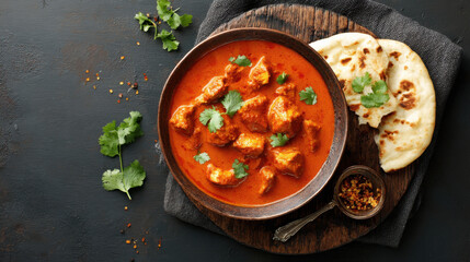 Delicious chicken tikka masala served with fluffy naan bread and fresh cilantro garnish. Overhead view of a rich and creamy chicken tikka masala dish, presented with warm naan bread and garnished