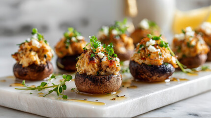 Delicious stuffed mushrooms with creamy filling and fresh herbs on a marble board. Gourmet stuffed mushrooms featuring a savory crab filling and delicate microgreens, perfect as an appetizer or snack