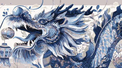Traditional blue and white Chinese dragon illustration with lanterns and floral elements. A detailed artistic rendering of a mythical blue dragon, symbolizing power and good fortune